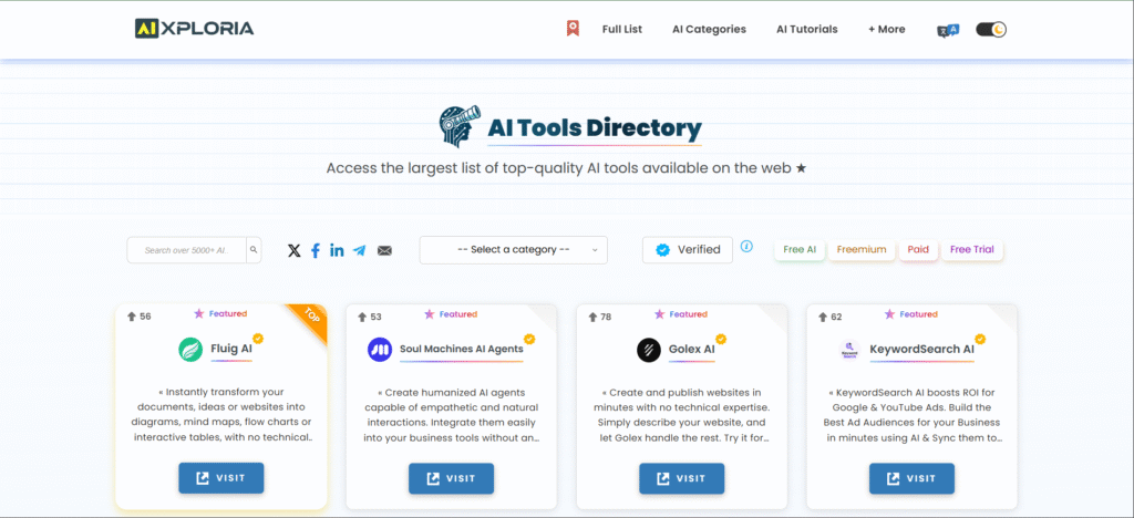 Aixploria AI Tools directory showcasing 7000+ free AI tools for content, design, SEO, and coding in 2025
