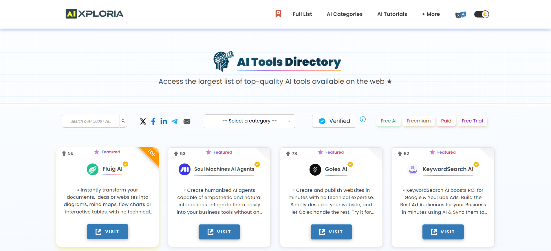 Aixploria AI Tools directory showcasing 7000+ free AI tools for content, design, SEO, and coding in 2025