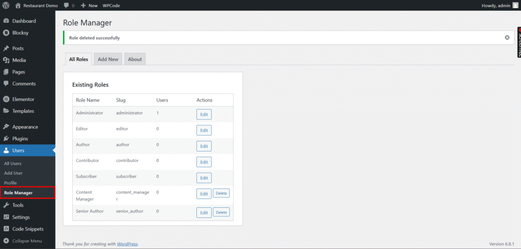 WordPress Role Manager Plugin editing capabilities for existing user roles in WordPress.