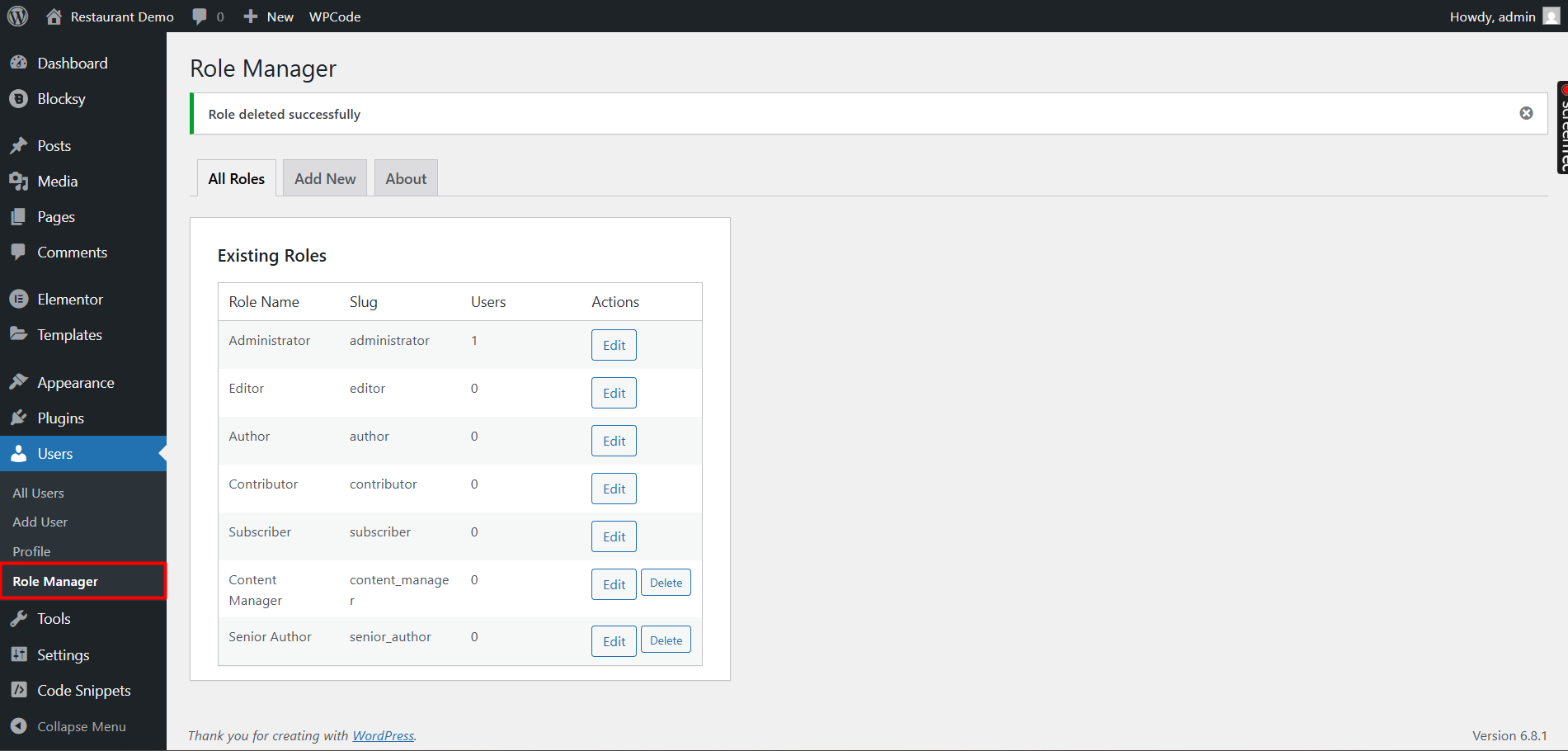 WordPress Role Manager Plugin editing capabilities for existing user roles in WordPress.