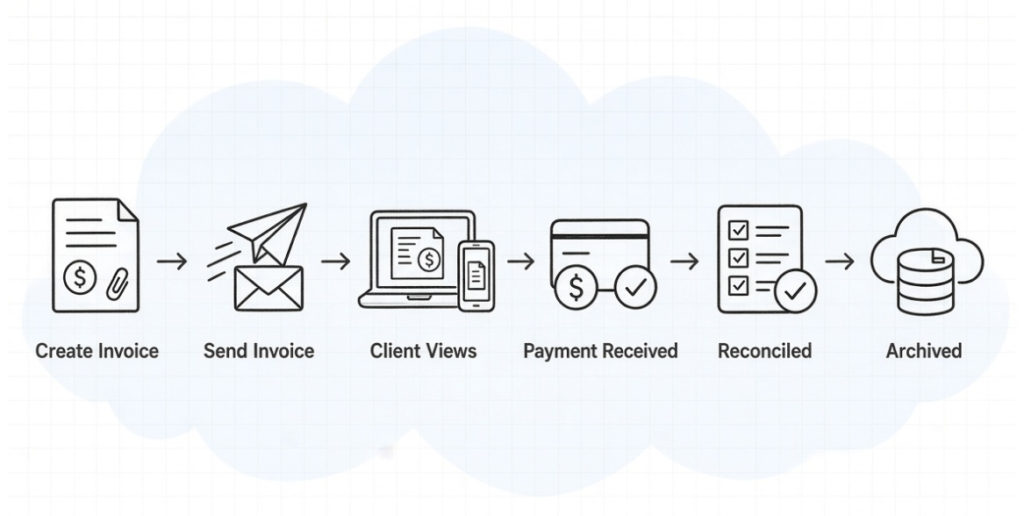 Cloud Based Invoicing workflow from creating and sending invoices to payment, reconciliation, and archiving
