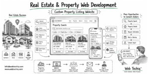 Real Estate and Property Web Development services showing modern property listing website with advanced search filters and mobile design
